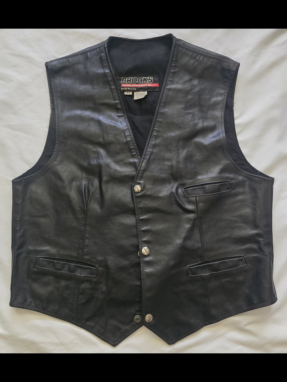 Brooks Men's Black Leather Motorcycle Vest Size 48-XL